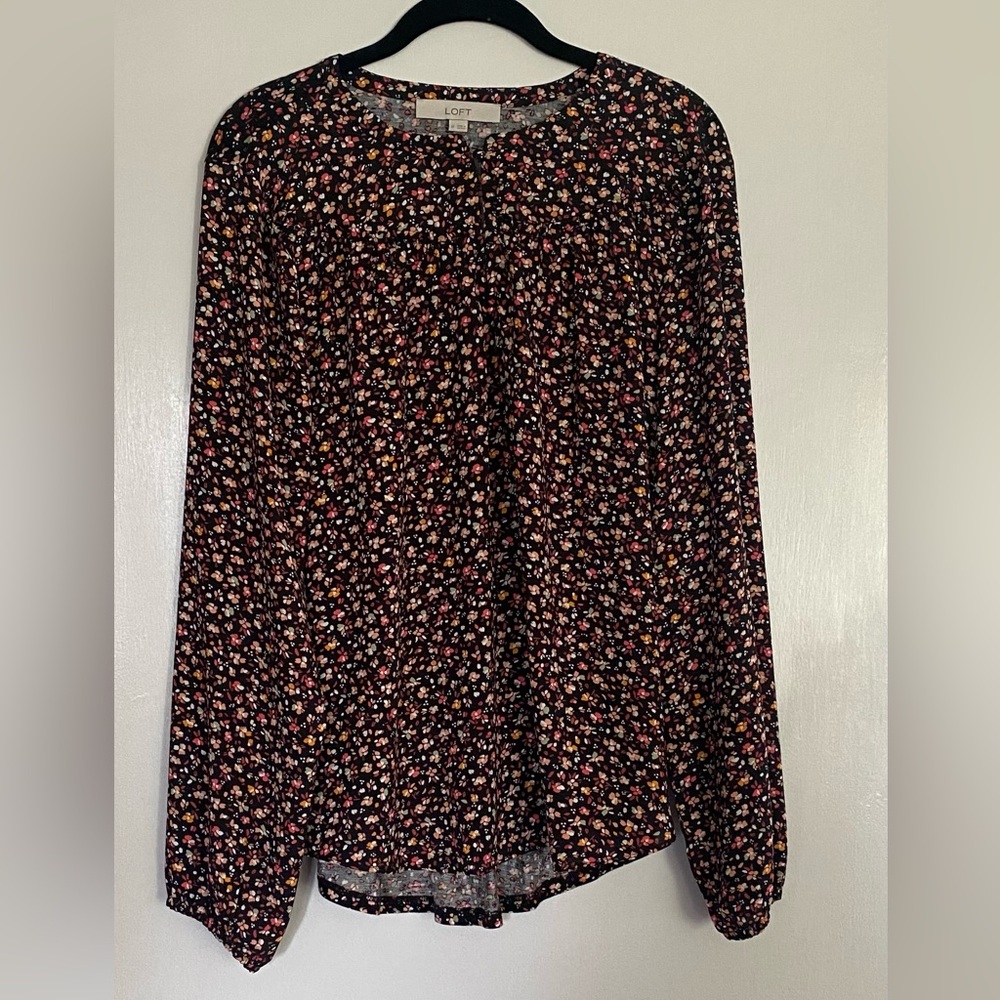 Ann Taylor LOFT Black Floral Long-Sleeve Mixed Media Blouse